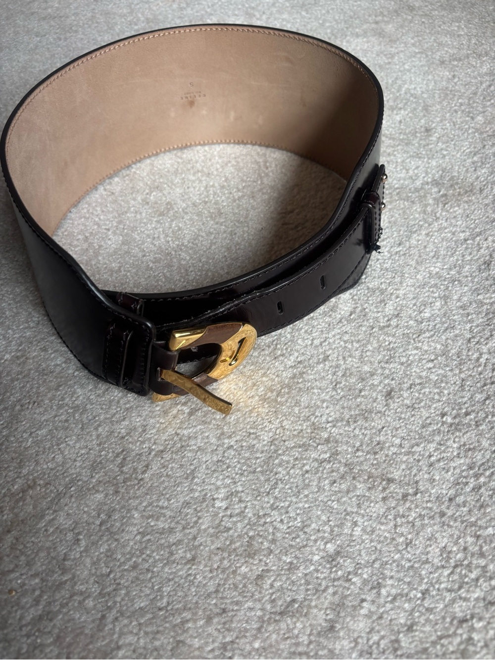 Celine Wide Black Leather Belt with Gold Buckle